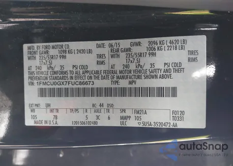 2015 Ford Escape Se из США, поврежденный, VIN 1FMCU0GX7FUC86673